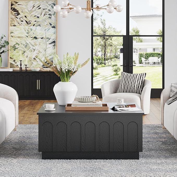 Lift Top Coffee Table with Storage, Modern Coffee Table with Arched Design, 31.5" Square Tea Table with Wood Grain, Minimalist Multifunctional Center Table for Living Room, Office, Black-Ruum Studio Home