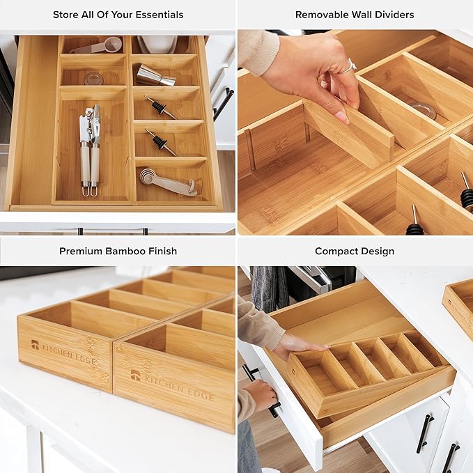 Premium Kitchen Utensils and Junk Drawer Organizer – Small 5-Compartment Design with 4 Removable Dividers, Non-Slip Feet, 100% Sustainable Bamboo, 2 Pack-Ruum Studio Home