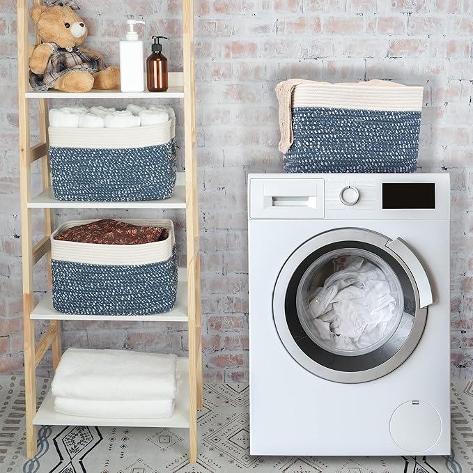White and Blue Cotton Rope storage Basket Bins Woven Basket for Organizing Shelves 14.5X9.5X9.3“ Rectangle Decorative Baskets For storage Books Towels Wicker Nursery basket organizer Set of 3-Ruum Studio Home