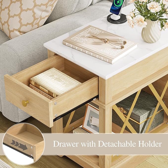 YITAHOME Farmhouse End Table, Side Table with Power Outlets, Nightstand with Drawer and Open Storage, Rustic End Table for Living Room, Sleeping Room, Natural Walnut-Ruum Studio Home