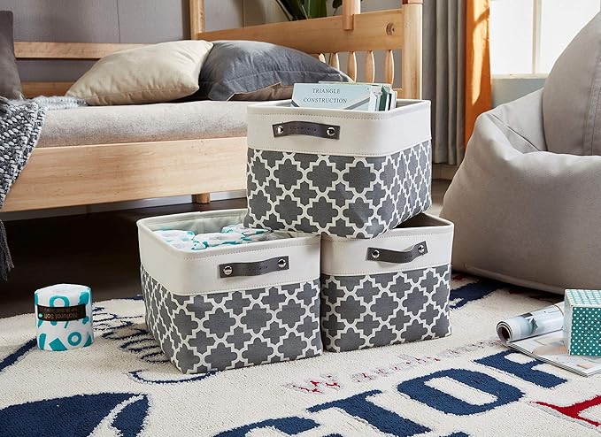 DECOMOMO Grey Storage Bins Fabric Storage Baskets for Shelves, Linen Closet Organization Toys Nursery (Grey Patterns, Large - 3 Pack)-Ruum Studio Home