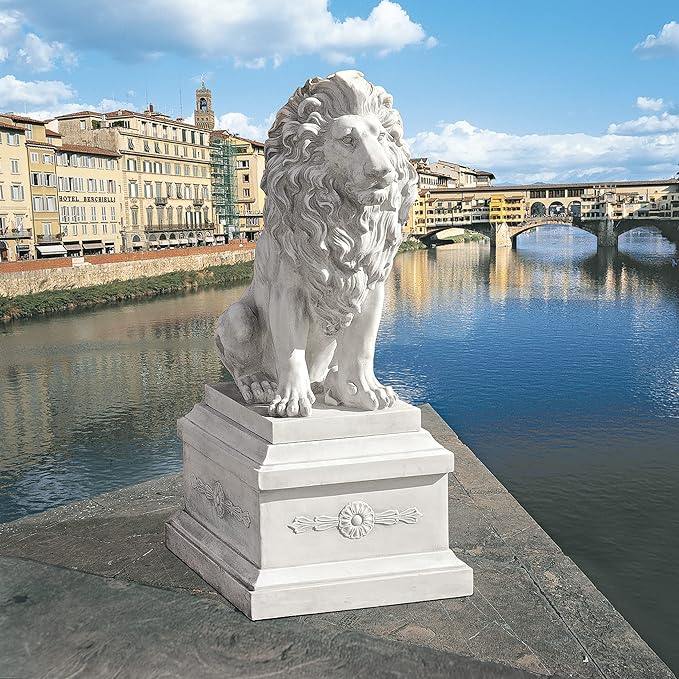 Design Toscano Lion of Florence Sentinel Indoor/Outdoor Animal Statue, 28 Inch Tall, Cast Stone Resin, Antique Stone Finish-Ruum Studio Home
