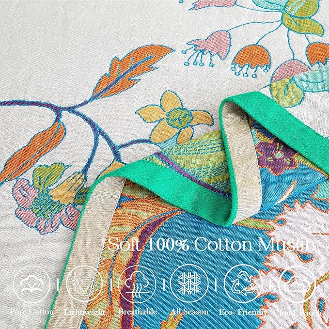 Summer Throw Blanket, 80"x90" Reversible Bohemian Flower Blanket, 100% Cotton Muslin Breathable Woven, Farmhouse Decorative Throw Blanket-Ruum Studio Home