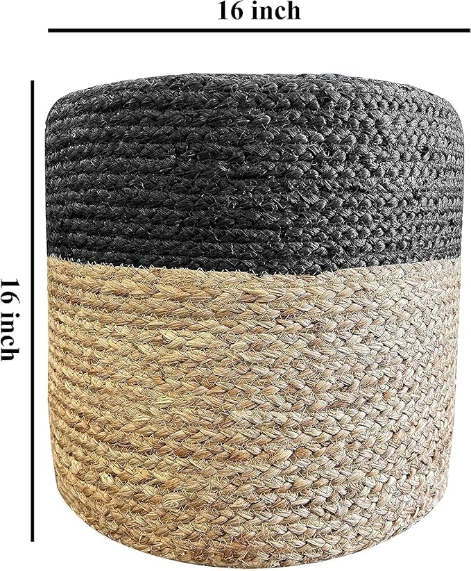 Jute Pouf Ottoman | Footrest Pouf | Hand Braided - Round Boho Pouffe - for Living Room, Bedroom, Nursery (16"x16"x16") Black-Ruum Studio Home