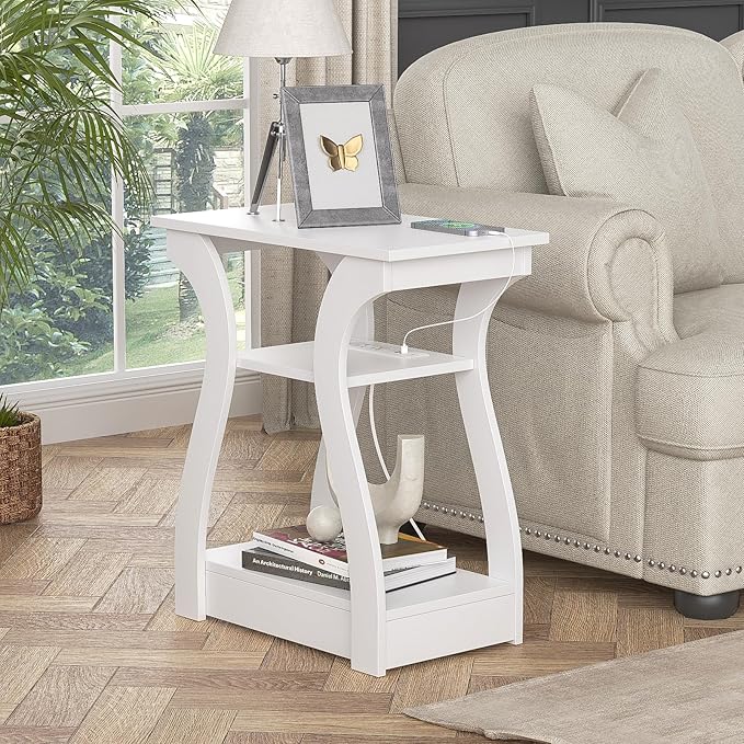 End Tables Living Room, White End Table with Charging Station,White Side Table, Nightstand for Bedroom, 3 Tier End Table with Storage Shelf for Living Room-Ruum Studio Home