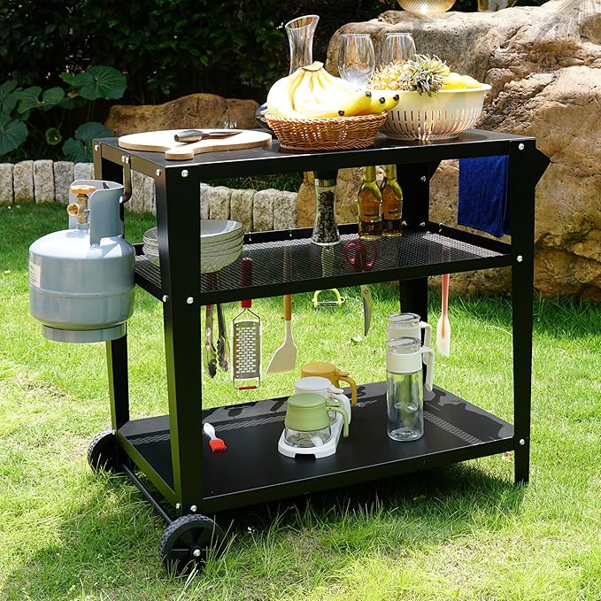 Black Outdoor Grill Cart with Wheels, Heavy-Duty 3-Tier BBQ Prep Table for Pizza Oven, Griddle, Patio – Rustproof Commercial Kitchen Cart with Tool Hooks-Ruum Studio Home