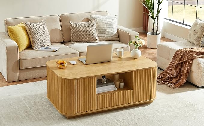 46.5" Oval Coffee Table with Drawers and Storage Mid Century Modern Fluted Solid Wood Side Coffee Tables, Luxury Tea Table Center Table for Living Rooms Offices Apartmen, Natural-Ruum Studio Home
