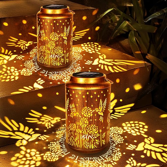 Brizled Hummingbird Solar Lantern Lights, 2 Pack LED Hollow Out Hanging Lantern Lights Outdoor, Warm White Solar Garden Light Decorative Retro Metal Outdoor Lighting for Garden Patio Courtyard Path-Ruum Studio Home