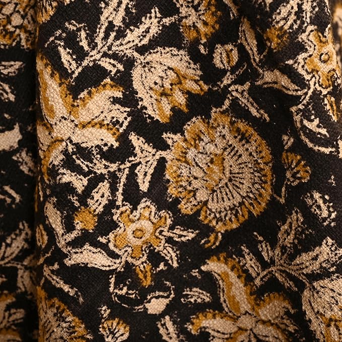 Bohemian Floral Cotton Throw Blanket with Tassels | 48x70 Inch Handblock Printed Sofa Throw | Black & Gold Decorative Bed Cover | Lightweight Couch Throw for Living Room & Bedroom-Ruum Studio Home