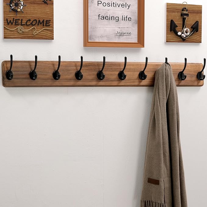 Dseap Wall Mounted Coat Rack: 38-1/4" Long, Patented, Heavy-Duty, 10-Double-Hooks Wooden Hanger Rail for Winter Coats, Hat, Jacket, Clothing - Natural & Black-Ruum Studio Home