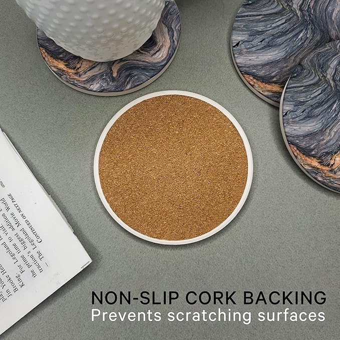 Emerson Coasters for Drinks Absorbent – Natural Stone Drink Coasters Set with Holder, Coasters for Coffee Table, Wooden Tabletop Protection Marble Style – 100% Heavy Duty Set of 6 (Magma)-Ruum Studio Home
