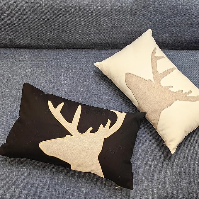 Lumbar Pillow Covers 12x20 Inches Black Decorative Cotton Linen Deer HeadThrow Lumbar Waist Embroidered Cushions Covers for Couch Sofa Bedroom-Ruum Studio Home