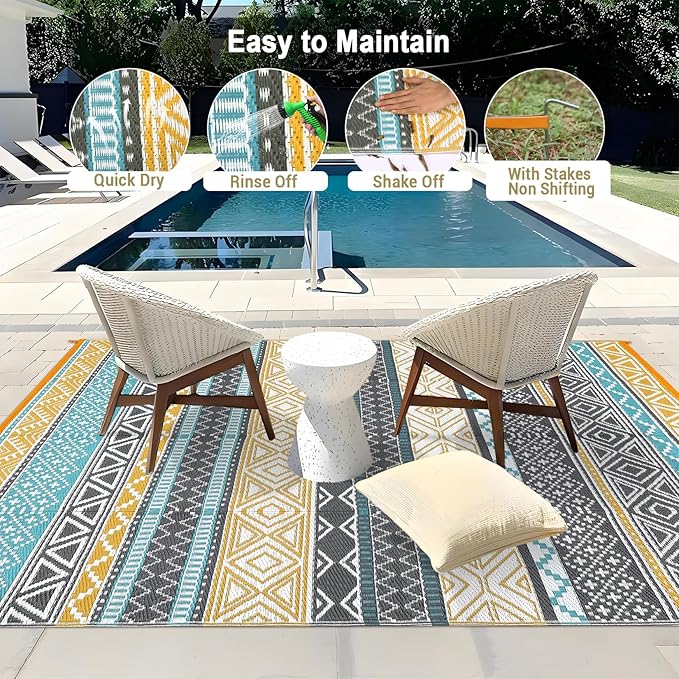 GAOMON Outdoor Plastic Straw Rug, 10'x14' Reversible Sage Green Patio Mat, Flower Modern Design for RV, Backyard, Deck, Camping, Picnic, Teal/Yellow(Bohemia)-Ruum Studio Home