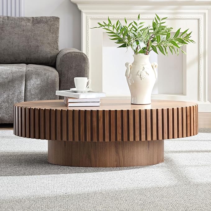 Oval Coffee Table for Living Room, Modern Fluted Coffee Tables with Pedestal Base, Handcrafted Centre Tea Tables Easy Assembly-43.7" Walnut-Ruum Studio Home