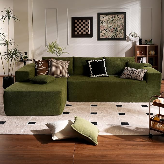 ovios 104" Cloud Sectional Couch with L-Shape Chaise,Modern Modular Sofa with Deep Seat, Upholstered Couches for Living Room Bedroom,No Assembly Required, Green (Cloud Velvet)-Ruum Studio Home