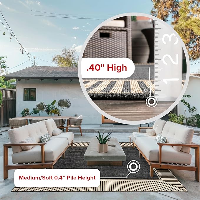nuLOOM 8' x 10' Outdoor Area Rug, Casual Design With Striped Border, Stain Resistant, Highly Durable, For Patio, Balcony, Bedroom, Living Room, Dining Room, Bathroom, Dark Grey-Ruum Studio Home