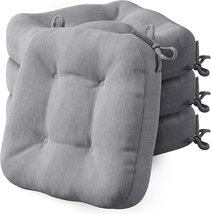 Codi Dining Chair Cushions 4 Pack, Thick Chairs Pads for Indoor Kitchen Room - Washable, Non-Slip Seat Cushion with Ties, 16.5"x16.5"x 3.5", Set of 4, Grey-Ruum Studio Home