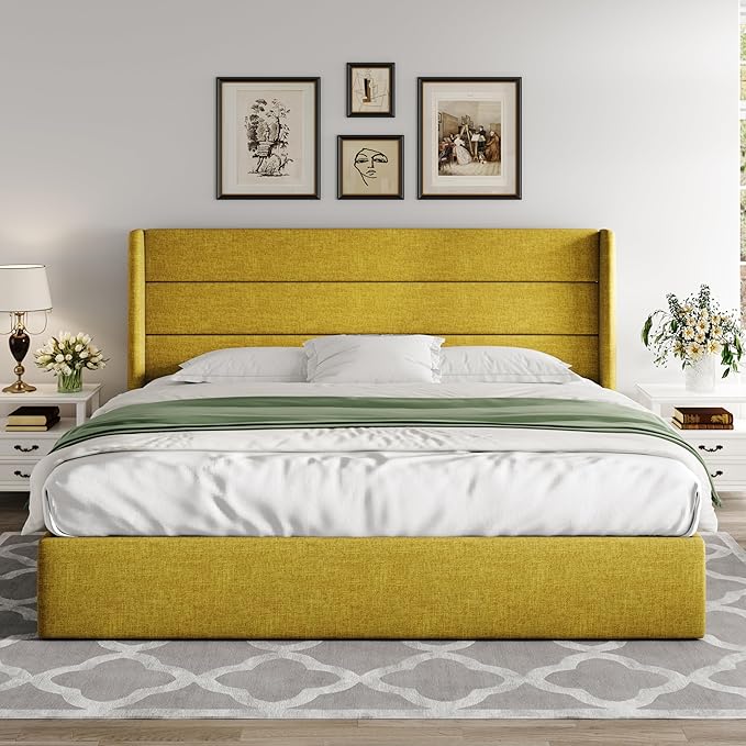 Allewie King Size Lift Up Storage Bed, Modern Wingback Headboard, Hydraulic Support, No Box Spring Needed, Olive Yellow-Ruum Studio Home