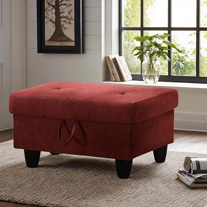 Ottoman Rectangular Storage Ottoman Bench, Flannel Footrest Stool Footstool with Lid for Living Room, Bedroom, Entryway, Red, 28.5"x19"x17.5"-Ruum Studio Home