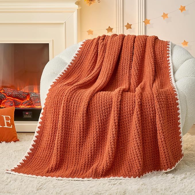 Snuggle Sac Orange Waffle Throw Blanket for Couch Bed Sofa 50x60 inches, Reversible Blanket Microfiber Fluffy Fuzzy Cozy Knit Soft Throws for Women Mothers Birthday Gifts-Ruum Studio Home