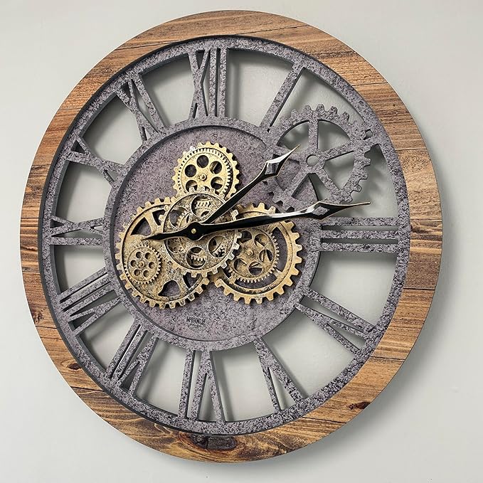 The Gears Clock The Original Real Moving Gear Wall Clock Vintage Industrial Oversized Rustic Farmhouse (24 inch (60cm),Wood&Stone)-Ruum Studio Home