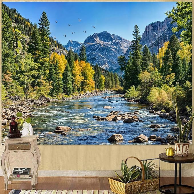 AMM Nature Forest Mountain Tapestry Green Pine Tree Tapestry for Bedroom Aesthetic Flowing River Landscape Tapestries Wall Hanging Bird Decor for Living Room Classroom Dorm Office-Ruum Studio Home