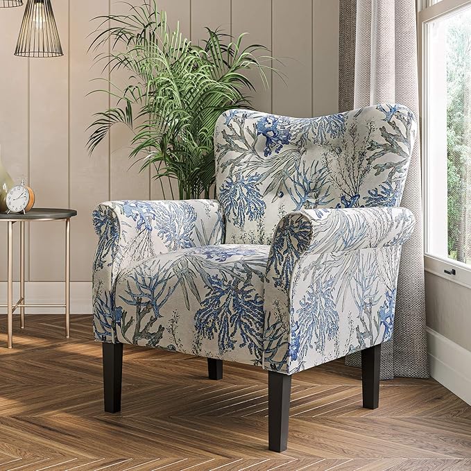 BELLEZE Modern Accent Chair for Living Room, High Back Linen Armchair with Wooden Legs, Upholstered Wingback Side Chair Padded Armrest Single Sofa for Living Room, Bedroom - Allston (Blue Coral)-Ruum Studio Home