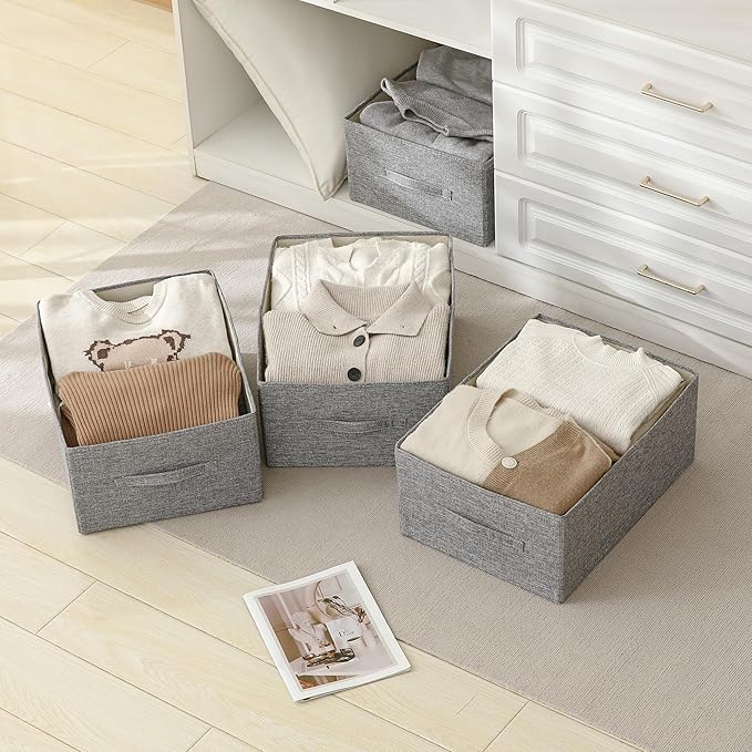 Linen Folding Storage Bins, 3 Pack Large Storage Baskets, Washable, Clothing Storage Bins with Handle, Closet Organizer for Storage Sweater,Sheets(dark grey, 18½"x13½"x8½")-Ruum Studio Home