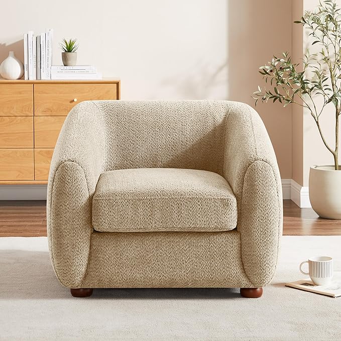 Modern Accent Chair for Living Room, Upholstered Armchair with Linen Fabric, Single Sofa Chair with Solid Wood Legs, Boucle, Camel-Ruum Studio Home