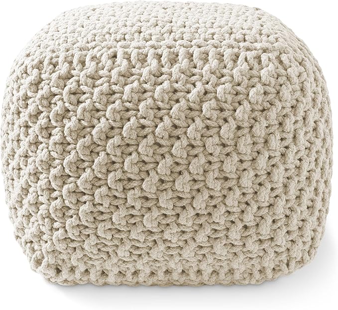 Casafield Square Pouf Ottoman, Natural - 18.5" W x 18.5" D x 14.5" H Cotton Knit Foot Stool - Boho Floor Pouffe for Living Room, Bedroom, Home Office-Ruum Studio Home