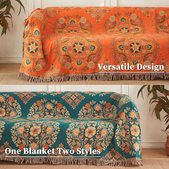 Colorful Throw Blanket Ultra Soft Cotton Orange Decorative Throw All Season Rustic Reversible Bohemian Throw Quilt Farmhouse Decoration(60"x80",04-Garland)-Ruum Studio Home