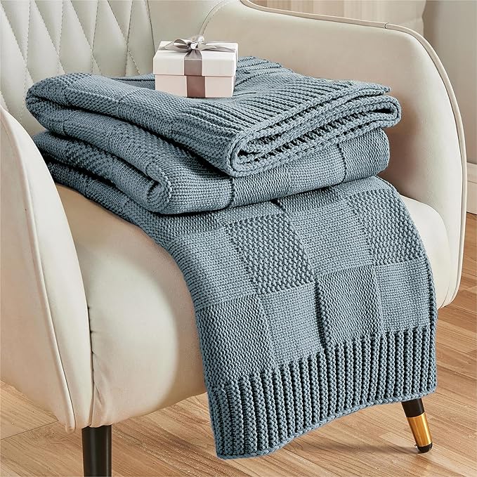 CozeCube Check Knit Throw Blanket, Dusty Blue Checkered Throw for Couch, Decorative Christmas Soft Cozy Warm Knitted Blanket for Bed Sofa Living Room, 60"X80"-Ruum Studio Home