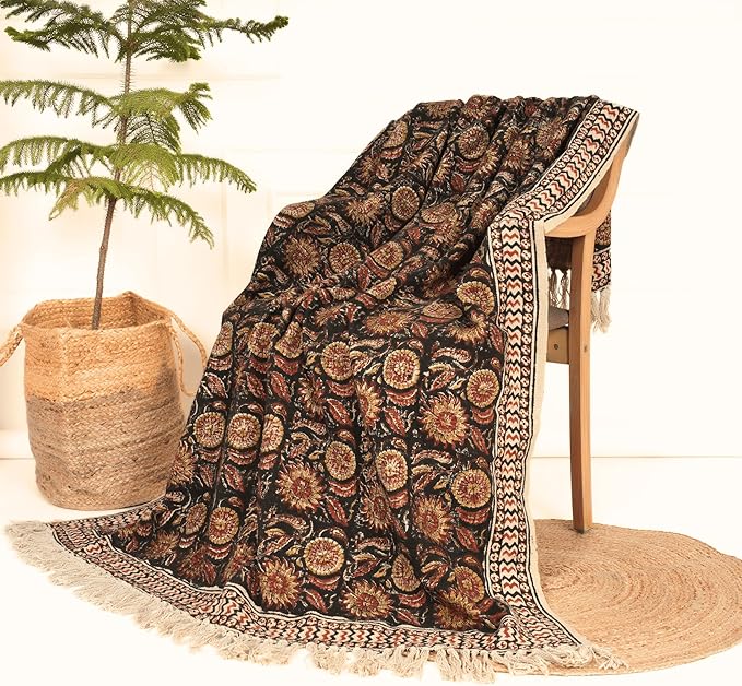 Bohemian Mud Cloth Handmade Throw with Tassels - 120x180 CM Handblock Printed Floral Cotton Blanket, Soft Handloom Sofa Throw for Living Room, Bed, Couch & Home Décor-Ruum Studio Home
