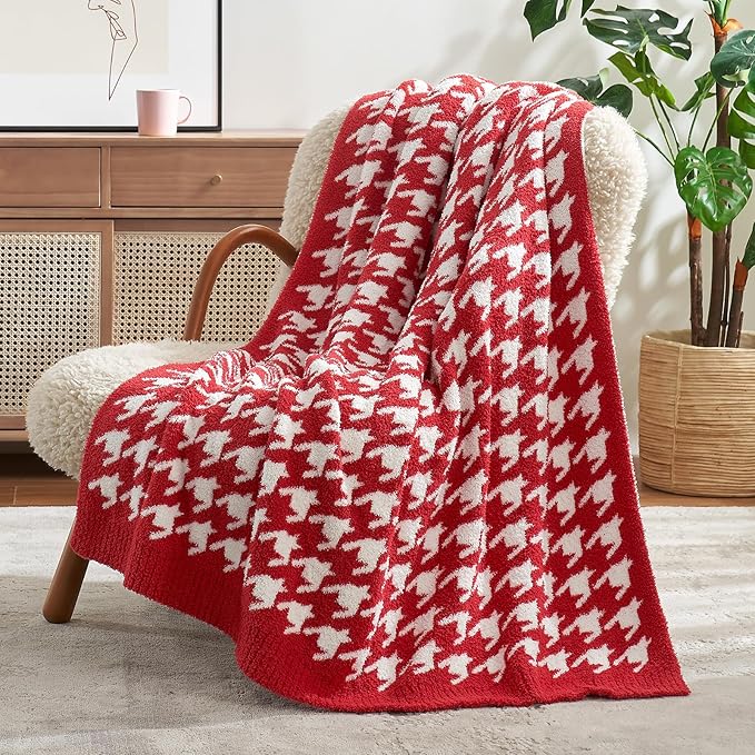 Snuggle Sac Christmas Red Houndstooth Throw Blanket for Couch, Reversible Super Soft Warm Blankets Cozy Knit Fuzzy Plush Lightweight Throws for Sofa Bed Houndstooth Red, 50x60 inches-Ruum Studio Home