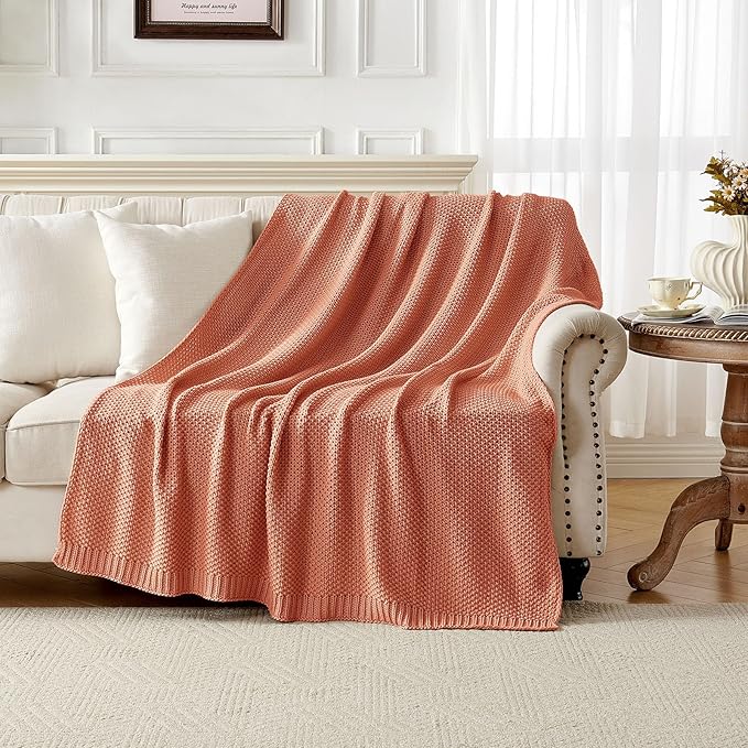 Joydeco Chunky Cable Knit Throw Blanket, Lightweight 100% Cotton Soft Cozy Throw Twin Blanket for Couch Bed and Sofa, Rustic Breathable Farmhouse Blanket Gift for Women Men(Burnt Orange, 51"x63")-Ruum Studio Home