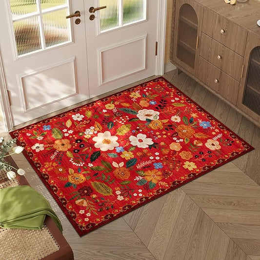 Door Mat Indoor Entrance 2x3 Rug Machine Washable Boho Floral Small Area Rug Non-Slip Low Pile Throw Rugs for Entryway, Kitchen, Front Door Indoor Entrance, Entry, Kids Room (Red)-Ruum Studio Home