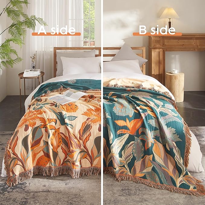 Boho Throw Blanket for Bed 80”x90”, 100% Cotton Woven Blanket for Couch Sofa, Ultra Soft 4-Layer Muslin Quilt with Floral Printed, Farmhouse Bed Blanket/Cover for Living Room Decor-Ruum Studio Home
