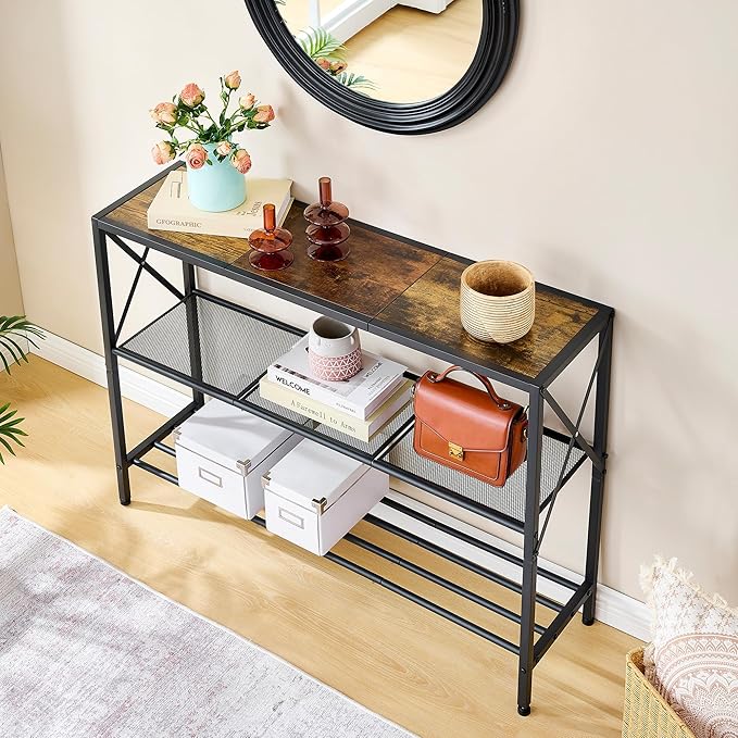 Hoctieon Industrial Console Table, 3 Tier Entryway Table, Hallway Table, Narrow Sofa Table with Shelves, Entrance Table for Entryway, Living Room, Foyer, Hallway, Office, Rustic Brown&Black-Ruum Studio Home