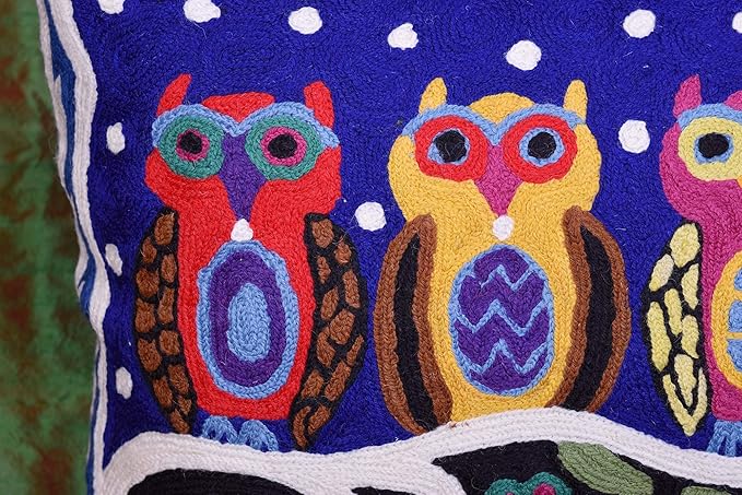 Lumbar Four Owls Decorative Pillow Cover Blue Whimsical Hand Embroidered Wool 14x20-Ruum Studio Home