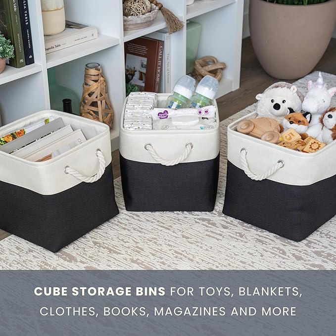 OrganiHaus 12x12 Cube Storage Bins 4 Pack, Foldable Cube Storage Organizer w/ Rope Handles, Collapsible Fabric Bins for Toys, Clothes & Closet Organization, Fabric Square Baskets - Black/White-Ruum Studio Home
