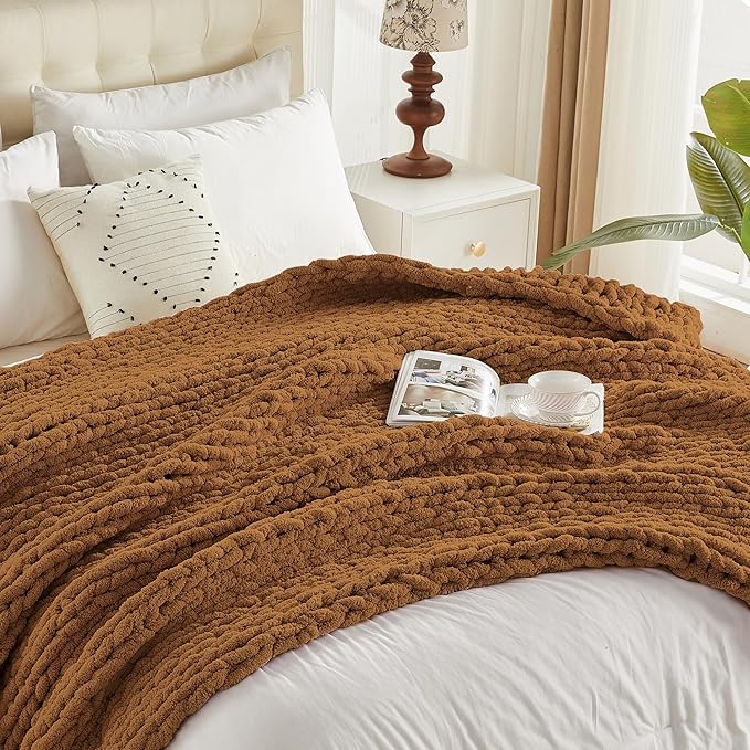 Carriediosa Chunky Knit Throw Blanket 60" X 80" Twin, 100% Hand Made Large Chenille Loop Yarn Soft Fluffy Throws for Couch Sofa Bed, Big Crochet Cozy Heavy Thick Cable Woven Blanket, Light Brown-Ruum Studio Home