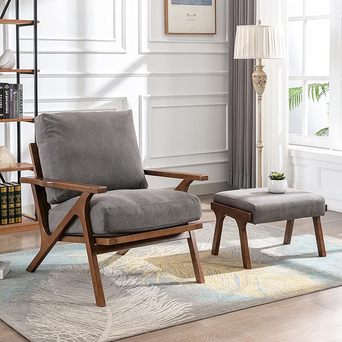 chairus 2 Sets Mid-Century Modern Accent Chairs with Ottoman, Linen Fabric Armchair with Wood Legs Comfy Upholstered Single Sofa Chair for Living Room/Bedroom/Lounge, Grey-Ruum Studio Home