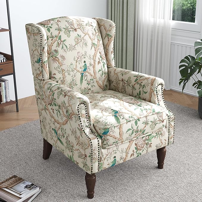 Lumibee High Back Accent Chair, Armchair in Fabric,Comfy Upholstered Wingback Single Sofa Reading Chair with Solid Wood Legs for Living Room,Bedroom,Office-Bird-Ruum Studio Home