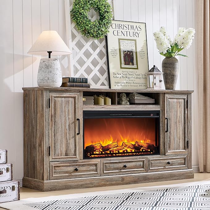 Fireplace TV Stand for 80 Inch TV, 35.7" Tall Farmhouse Entertainment Center W/36'' Electric Fireplace, Media Console with Large Storage Cabinets and Drawers for Living Room, Purple Oak-Ruum Studio Home