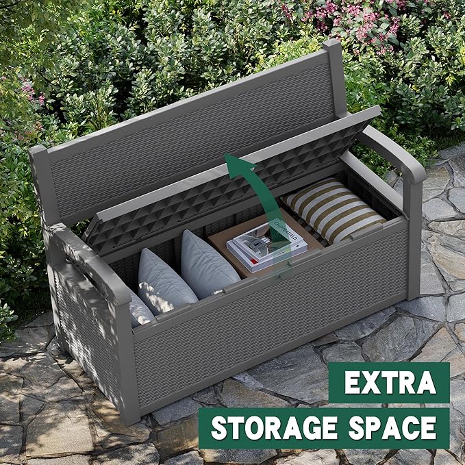 70 Gallon Outdoor Storage Bench Deck Box Lockable for Patio Furniture, Outdoor Porch Bench with Storage Waterproof for Cushions, Garden Tools and Pool Supplies, Grey-Ruum Studio Home