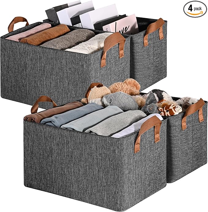 GRANNY SAYS Closet Storage Baskets, Collapsible Fabric Storage Bins with Metal Frame, Clothes Organizer Bins, Large Baskets for Shelves, Dark Gray, 4-Pack-Ruum Studio Home