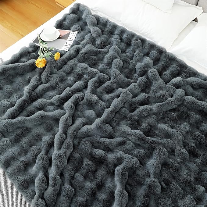 RYNGHIPY Faux Fur Throw Blanket Double Side Thick and Warm Plush Fluffy Faux Rabbit Fur Decoration for Couch Sofa Chair and Bed Cozy Winter Blanket (Dark Grey, 63''x79'')-Ruum Studio Home