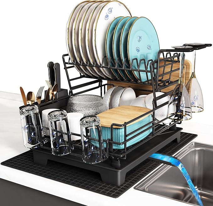 BOOSINY 2 Tier Black Large Stainless Steel Dish Drainers Drying Rack for Kitchen Counter with Drainboard, Rust Proof Metal, Space Saving, Modern Aesthetic, Compact Plates Strainers with Extra Mat-Ruum Studio Home