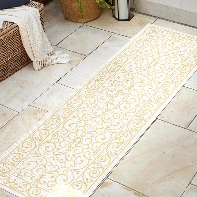 JONATHAN Y Vintage Filigree Indoor Outdoor Runner Rug 2X8 Cream/Yellow, Charleston Textured Weave for Backyard, Patio, Porch, Easy-Cleaning, High Traffic, Pet-Friendly, Non-Shedding (SMB106M-28)-Ruum Studio Home