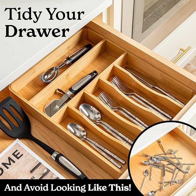 SMIRLY Silverware Drawer Organizer – Bamboo Kitchen Drawer Organizer, Adjustable Utensil Holder and Cutlery Tray, Drawer Dividers for Flatware and Kitchen Utensils-Ruum Studio Home